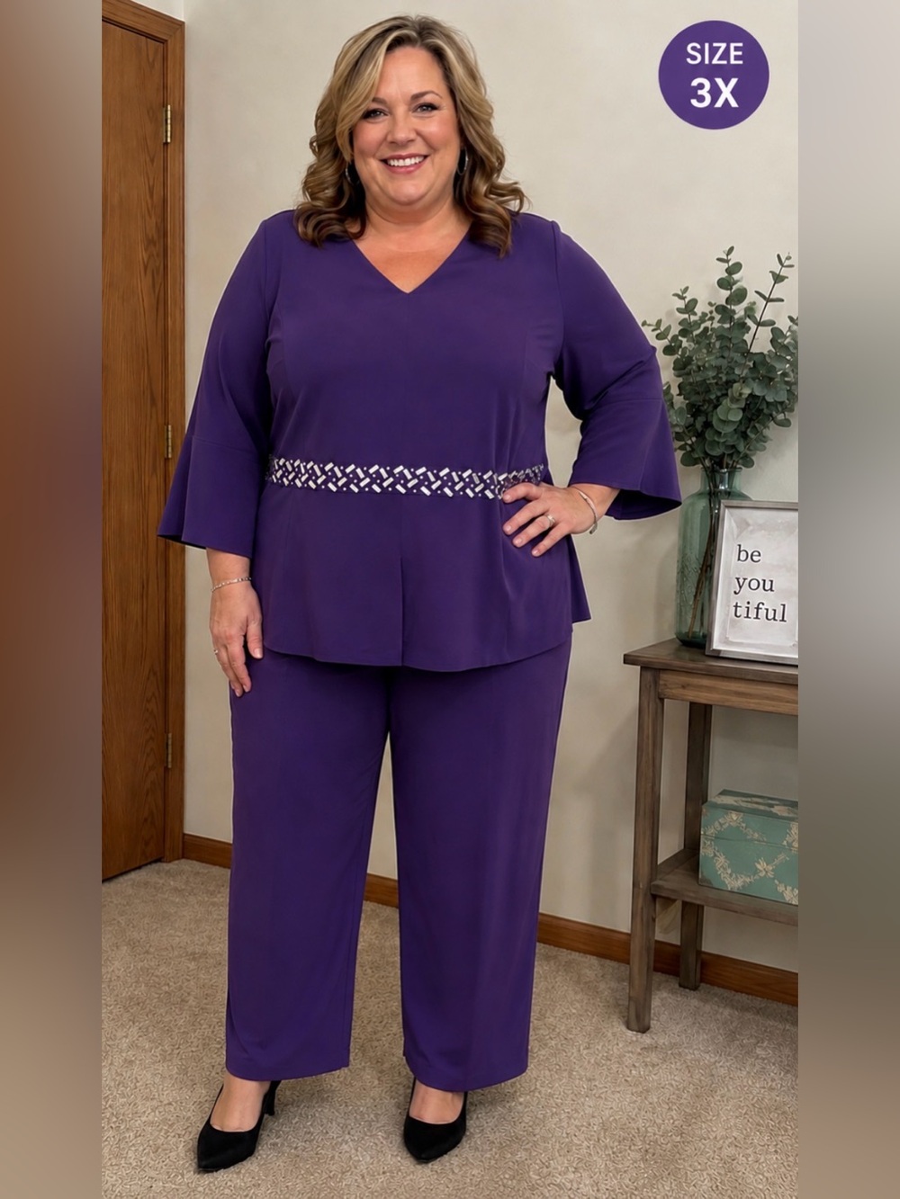 Midnight Velvet Sz 3X Purple Two-Piece Pant Set with Embellished Waist